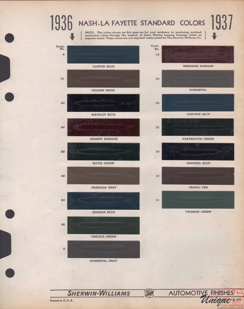 1936 Nash Paint Charts Williams 1